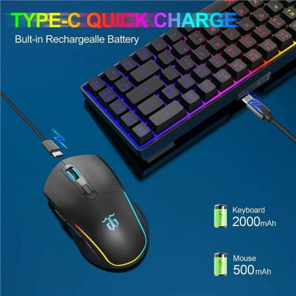 60% Wireless Gaming Keyboard and Mouse Combo,LED Backlit Rechargeable 2000mAh